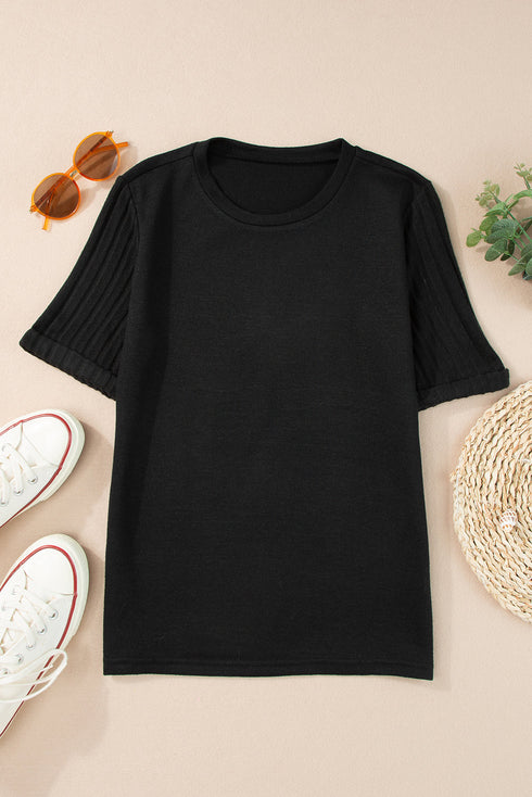 Ribbed Splicing Sleeve Round Neck T-shirt