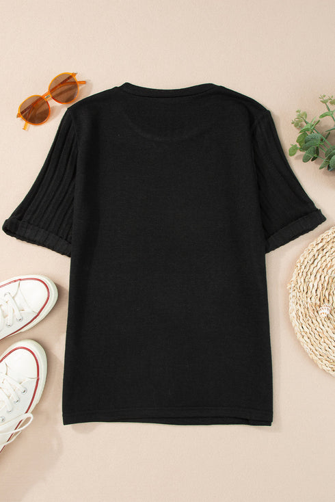 Ribbed Splicing Sleeve Round Neck T-shirt