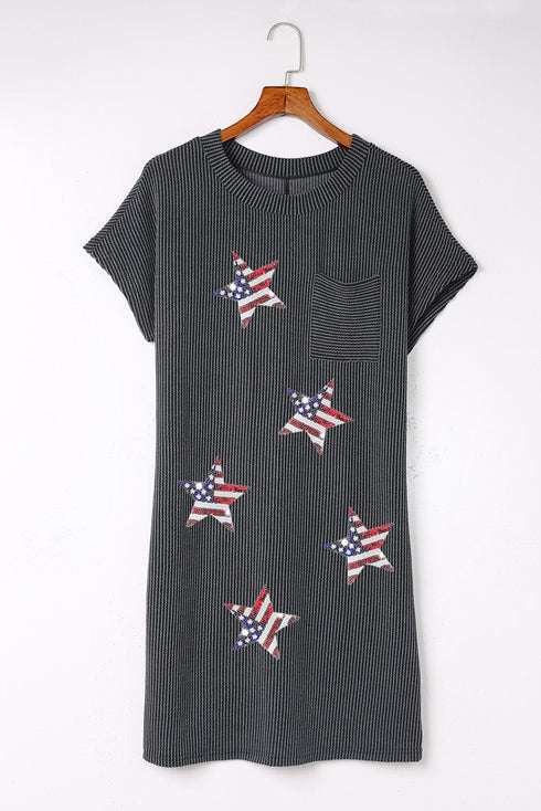 Ribbed Star Patch Pocket Shift T-Shirt Dress