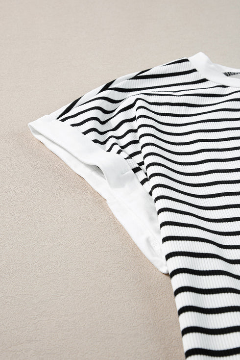 Ribbed Stripe Casual Tee And Matching Shorts Set