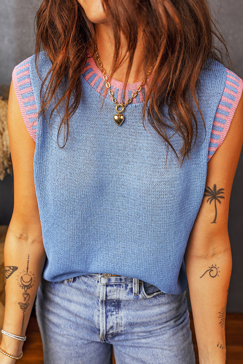 Ribbed Stripe Trim Sleeveless Knit Sweater Top