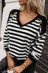 Ribbed Stripe V Neck Button Shoulder Long Sleeve Top