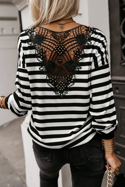 Ribbed Stripe V Neck Button Shoulder Long Sleeve Top
