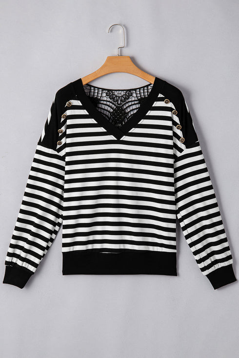 Ribbed Stripe V Neck Button Shoulder Long Sleeve Top