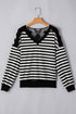 Ribbed Stripe V Neck Button Shoulder Long Sleeve Top