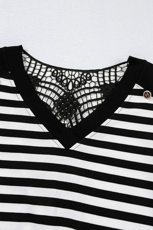 Ribbed Stripe V Neck Button Shoulder Long Sleeve Top
