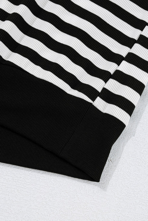 Ribbed Stripe V Neck Button Shoulder Long Sleeve Top