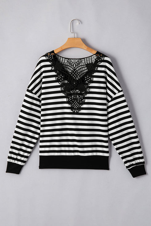 Ribbed Stripe V Neck Button Shoulder Long Sleeve Top