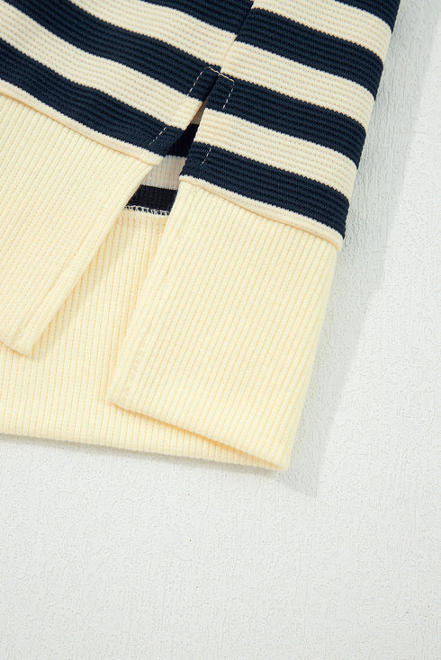 Ribbed Striped Collared V Neck Long Sleeve Top