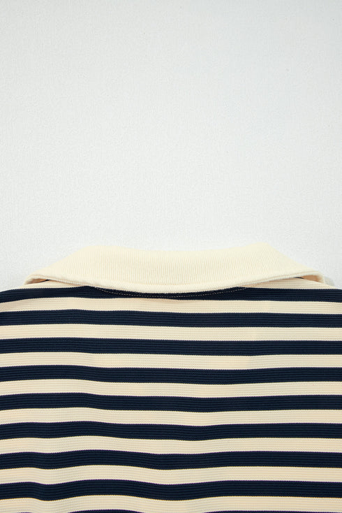 Ribbed Striped Collared V Neck Long Sleeve Top
