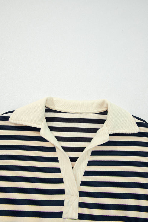 Ribbed Striped Collared V Neck Long Sleeve Top