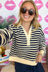 Ribbed Striped Collared V Neck Long Sleeve Top