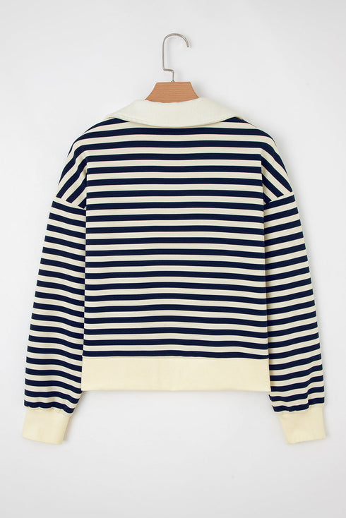 Ribbed Striped Collared V Neck Long Sleeve Top