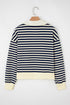 Ribbed Striped Collared V Neck Long Sleeve Top