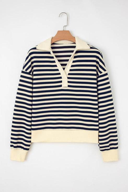 Ribbed Striped Collared V Neck Long Sleeve Top