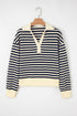 Ribbed Striped Collared V Neck Long Sleeve Top