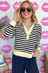 Ribbed Striped Collared V Neck Long Sleeve Top