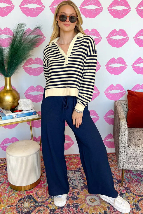 Ribbed Striped Collared V Neck Long Sleeve Top