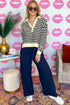 Ribbed Striped Collared V Neck Long Sleeve Top