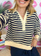 Ribbed Striped Collared V Neck Long Sleeve Top