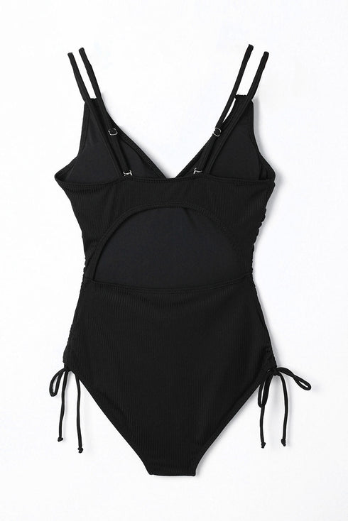 Ribbed Texture Adjustable Side Tie One Piece Swimsuit