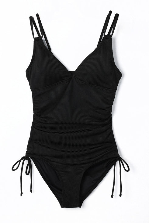 Ribbed Texture Adjustable Side Tie One Piece Swimsuit