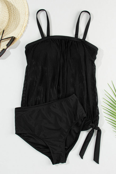 Ribbed Texture Blouson Fit Square Neck Tankini Top