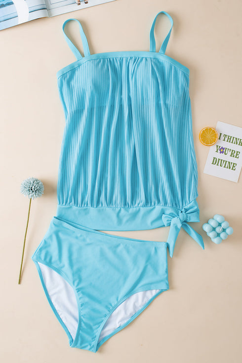 Ribbed Texture Blouson Fit Square Neck Tankini Top