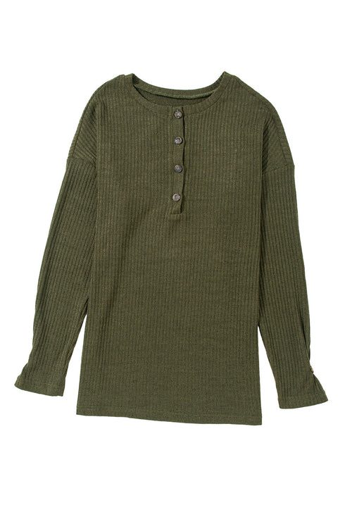 Ribbed Texture Button Front Long Sleeve Henley Top