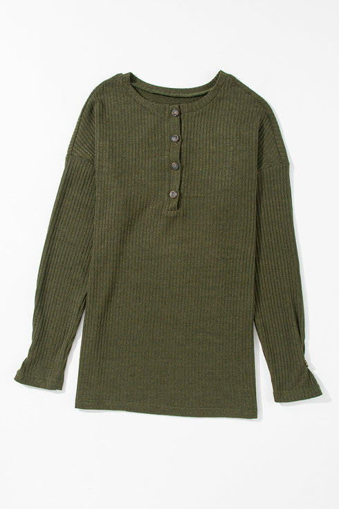 Ribbed Texture Button Front Long Sleeve Henley Top