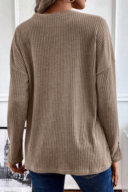 Ribbed Texture Button Front Long Sleeve Henley Top