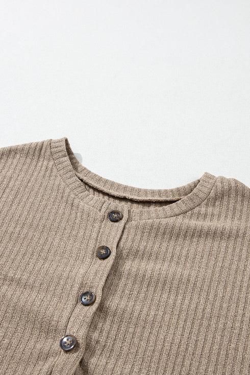 Ribbed Texture Button Front Long Sleeve Henley Top