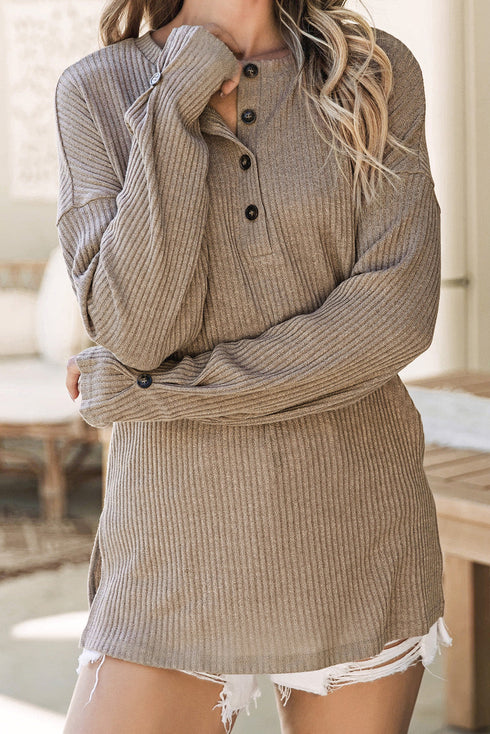 Ribbed Texture Button Front Long Sleeve Henley Top