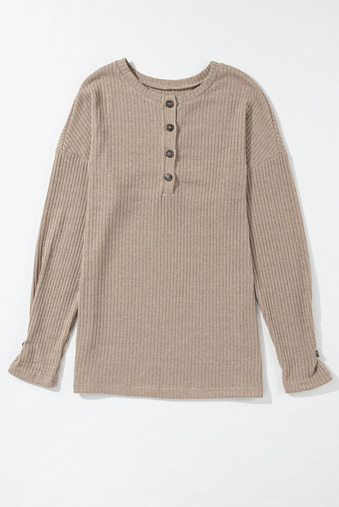 Ribbed Texture Button Front Long Sleeve Henley Top