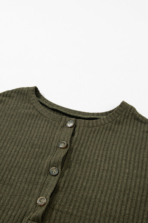 Ribbed Texture Button Front Long Sleeve Henley Top