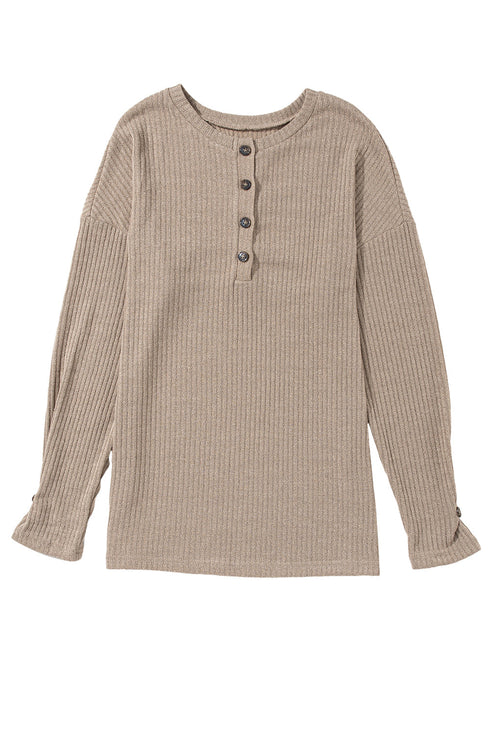Ribbed Texture Button Front Long Sleeve Henley Top