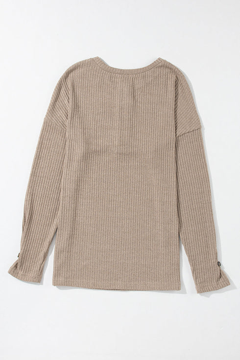 Ribbed Texture Button Front Long Sleeve Henley Top