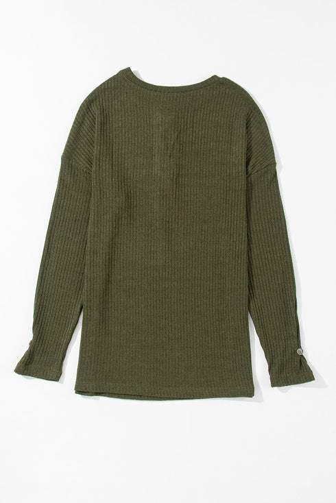 Ribbed Texture Button Front Long Sleeve Henley Top