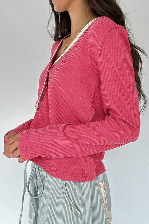 Ribbed Texture Button V Neck Lace Trim Top