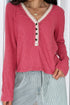 Ribbed Texture Button V Neck Lace Trim Top