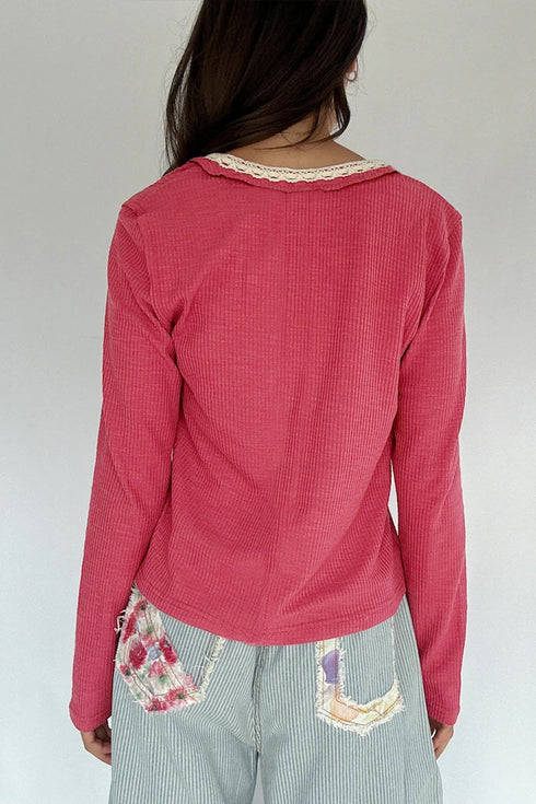 Ribbed Texture Button V Neck Lace Trim Top