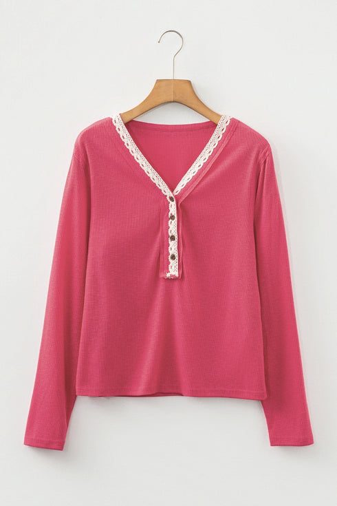 Ribbed Texture Button V Neck Lace Trim Top