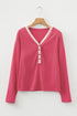 Ribbed Texture Button V Neck Lace Trim Top