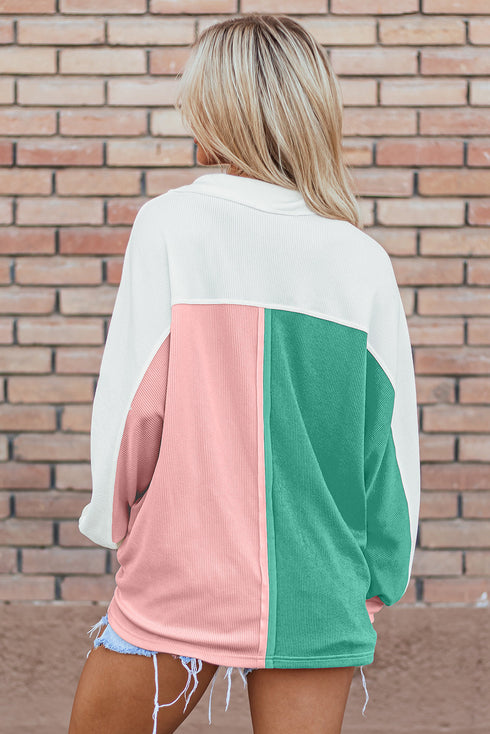 Ribbed Texture Color Block Partial Button Collared Top