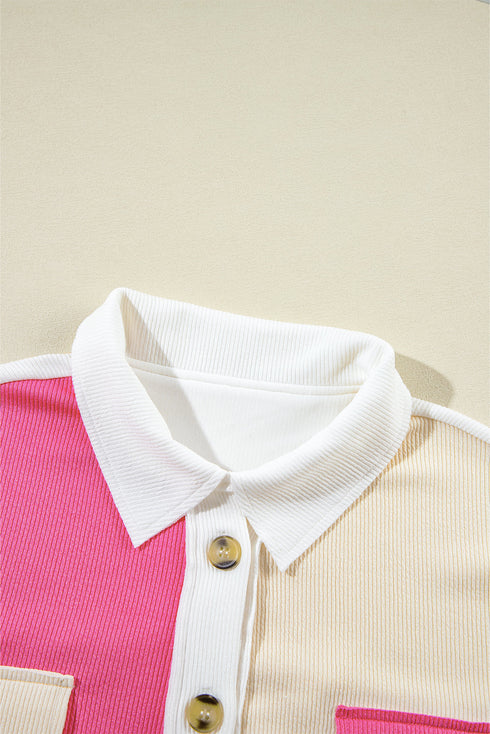 Ribbed Texture Color Block Partial Button Collared Top