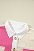 Ribbed Texture Color Block Partial Button Collared Top