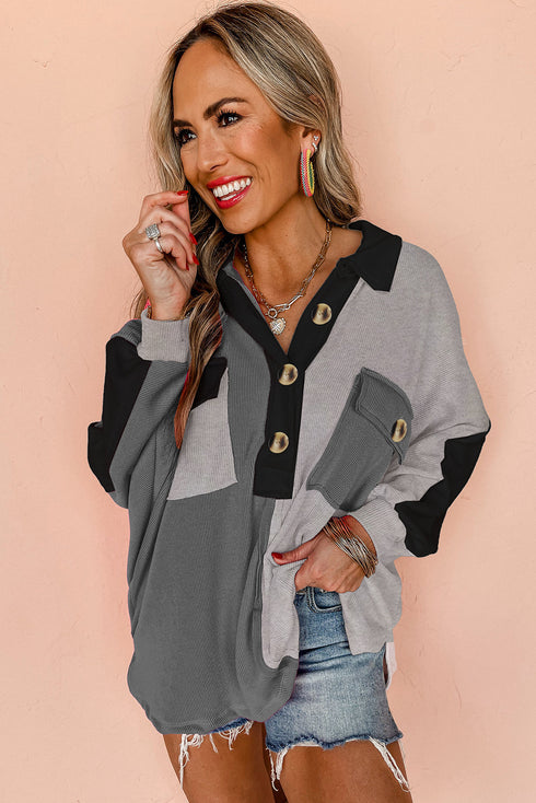 Ribbed Texture Color Block Partial Button Collared Top