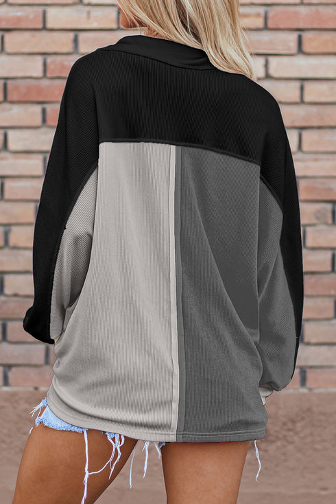 Ribbed Texture Color Block Partial Button Collared Top
