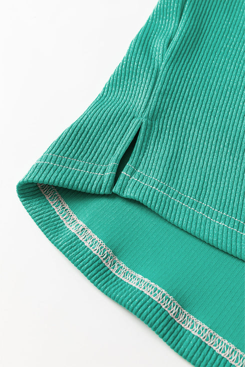 Ribbed Texture Color Block Partial Button Collared Top