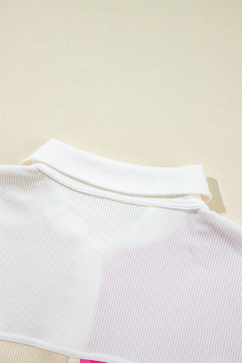 Ribbed Texture Color Block Partial Button Collared Top